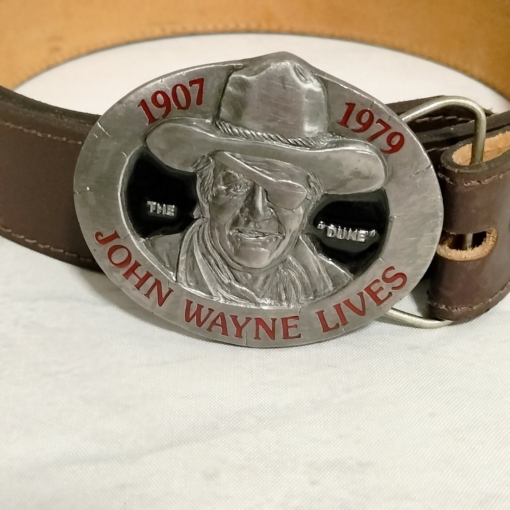 John Wayne Lives Brown Leather Belt with Silver Buckle Sz 42